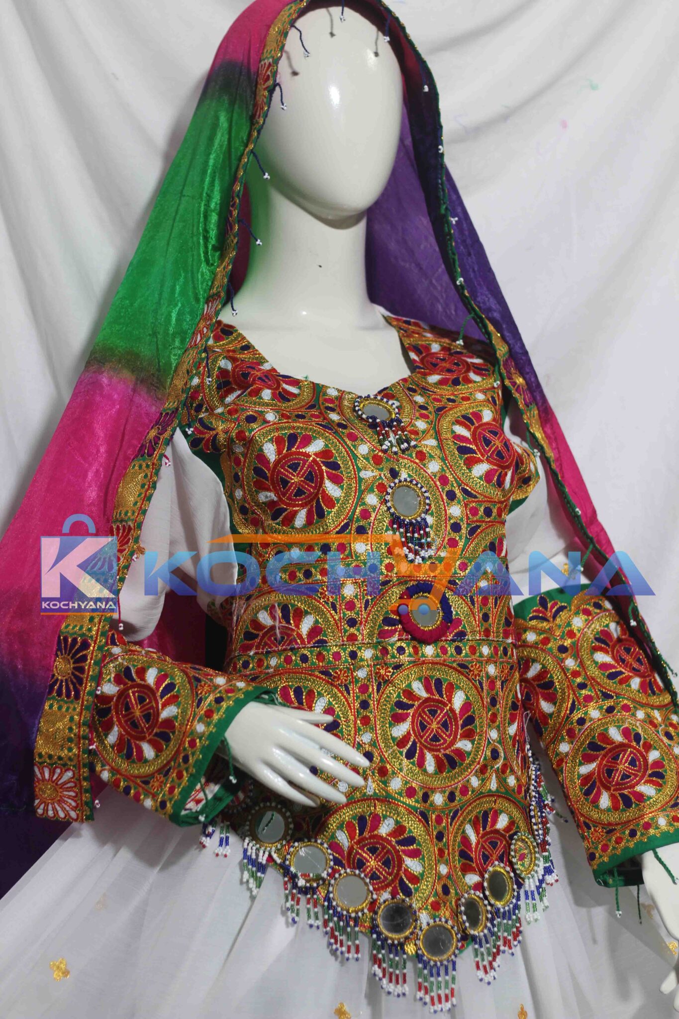 Afghan Dress- Traditional Frock - Afghani Frock Full Size White - Kochyana